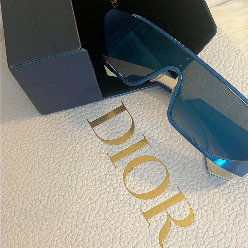 Dior Rihanna Colab Blue Shield-Style Sunglasses with Futuristic Design